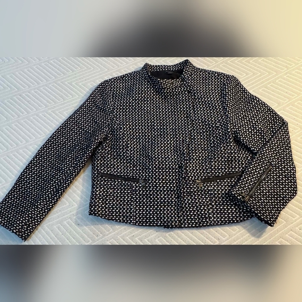 Ann Taylor Blue White Tweed Cropped Blazer Zipper Pockets Women's 10 Office EUC